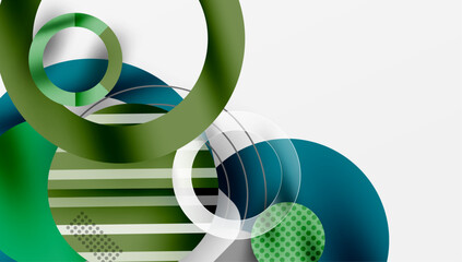 Poster - Abstract composition featuring overlapping circles, lines, gradients. Green, teal hues dominate design. Modern aesthetic, clean presentation, minimalist style. Subtle textures add visual interest.