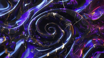 Poster - Glossy Abstract Marble Swirls with Neon Purple and Orange Highlights