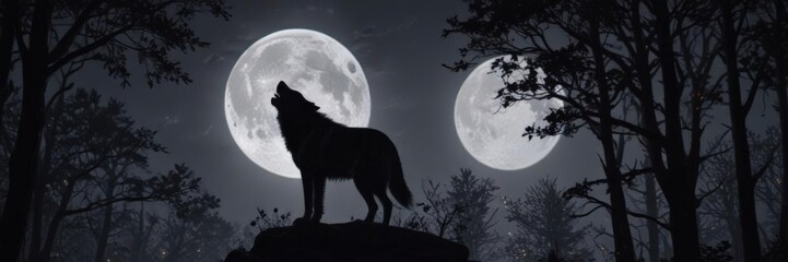 Wall Mural - Lone wolf howls under a full moon, silhouetted against dark trees , Wolf,  illustration,  art