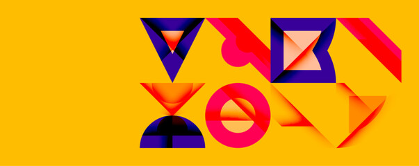 Aufkleber - Abstract geometric shapes overlap vibrant yellow background. Pink, purple, orange hues create dynamic composition. Modern design emphasizes angles, forms, color contrast.