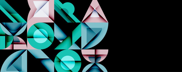 Leinwandbilder - Abstract geometric composition. Shapes overlap, creating dynamic visual effect. Pastel colors dominate against dark background. Modern design, clean lines, minimalist aesthetic.
