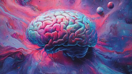Poster - An artistic representation of the human brain with vibrant colors illustrating neural pathways, surrounded by abstract shapes and patterns that symbolize thought processes.