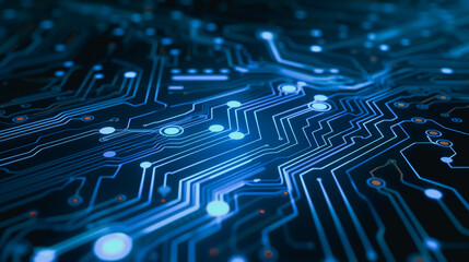 Poster - Circuit Board Abstract:  A mesmerizing abstract composition of a blue circuit board with glowing lights, highlighting the intricate design and technological advancements in the digital age.