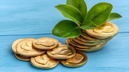Poster - Investing growth golden coins and green leaves portfolio development in natural light