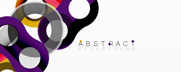 Leinwandbilder - Abstract design features overlapping circles, vibrant colors. Purple, yellow, gray, black create dynamic composition on white background. Modern aesthetic.