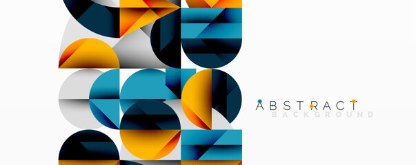 Fototapete - Geometric shapes create modern design. Circles, triangles, squares overlap forming vibrant pattern. Blue, orange, gray tones dominate composition. Minimalist aesthetic.