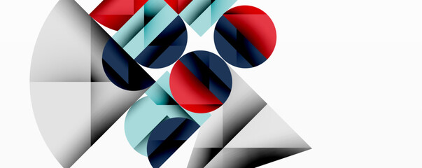 Fototapete - Abstract geometric composition. Circles, triangles overlap creating dynamic visual effect. Colors include red, blue, gray, cyan. Minimalist design, modern aesthetic.