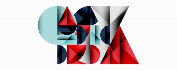 Fototapete - Abstract geometric composition. Shapes overlap, creating dynamic visual interest. Red, navy, light blue, gray tones dominate design. Modern aesthetic, clean lines present.