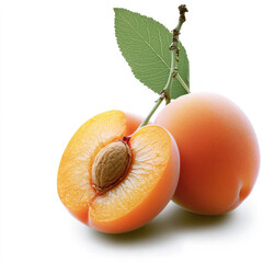 Poster - Fresh apricot, whole and halved, showcasing vibrant orange flesh and smooth skin, with green leaf adding touch of nature beauty. Perfect for healthy snacking or culinary use