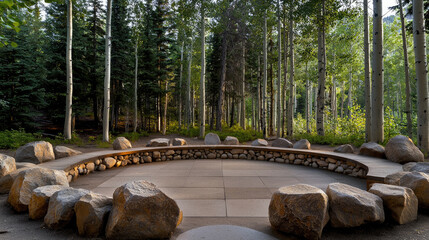 Poster - serene forest setting featuring circular stone seating area surrounded by tall trees. natural light filters through leaves, creating peaceful atmosphere perfect for gatherings