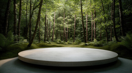 Poster - serene forest scene featuring circular platform surrounded by lush greenery, tall trees, and ferns. tranquil atmosphere invites reflection and connection with nature