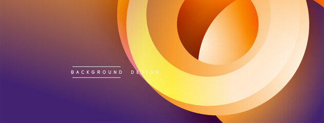 Poster - Abstract design features layered circles. Warm color palette transitions from purple to orange, yellow hues create dynamic visual effect. Modern, minimalist aesthetic.