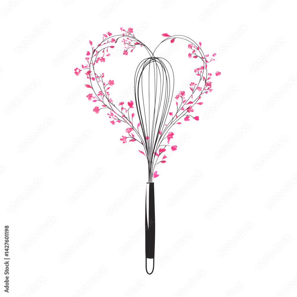 heart-shaped whisk with floral stem handle, vector silhouette, modern ...
