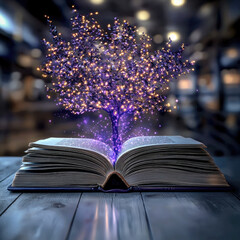 Aufkleber - Open book with magical tree emerging from its pages, surrounded by sparkling lights, creating whimsical atmosphere in library setting