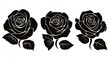 © Juan - Three black vector roses in simple silhouette icon style with clean lines and central outlines on white background, minimal floral design for branding and decoration