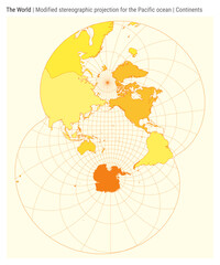 Poster - World Map. Modified stereographic projection for the Pacific ocean. Continents style. High Detail World map for infographics, education, reports, presentations. Vector illustration.