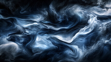 Poster - Blue stardust drifting in a deep black void, glittering background in shades of white and blue perfect for elegant designs, Abstract blue smoke texture on dark background.