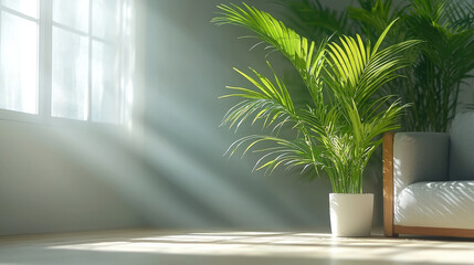 Poster - healthy palm plant thrives in bright, sunlit room, casting beautiful shadows on floor. serene atmosphere enhances natural beauty of indoor space