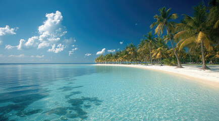 Poster - serene beach scene featuring clear turquoise water, soft white sand, and lush palm trees under bright blue sky with fluffy clouds. This tranquil setting evokes sense of relaxation and peace