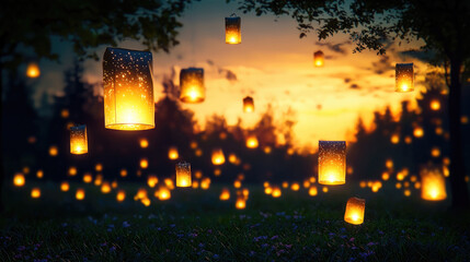 Poster - Magical floating lanterns illuminate evening sky, creating serene atmosphere filled with warmth and wonder. enchanting scene captures beauty of nature at dusk