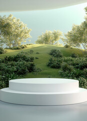Poster - serene white circular podium is set against lush green landscape, featuring gentle hills and vibrant foliage. scene evokes sense of tranquility and harmony with nature