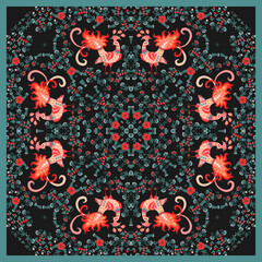 Wall Mural - Beautiful pattern for a square carpet or pillow with fairy birds and ornaments of leaves, flowers and berries. Natural print in ethnic style.