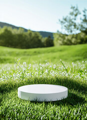 Poster - white circular podium sits gracefully lush green grass, surrounded by vibrant nature and soft sunlight. This serene setting evokes sense of calm and tranquility, perfect for showcasing products
