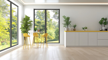 Poster - Cozy apartment kitchen with large windows, bright natural light, and modern decor. space features plants, round table, and yellow chairs, creating welcoming atmosphere