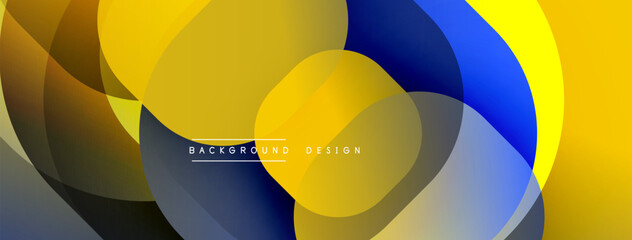 Fototapete - Abstract design features overlapping circles, gradients. Yellow, navy, gray hues create dynamic visual effect. Modern background suitable for various projects.