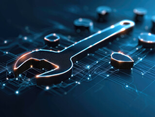 Poster - digital tool represented by glowing wrench, symbolizing technology and innovation, set against backdrop of interconnected circuits and nodes, evokes sense of modern engineering
