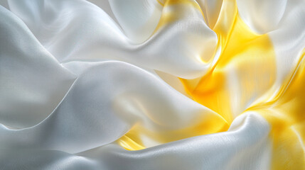 Poster - A close-up view of flowing fabric featuring elegant white and gold satin textures, Abstract swirling silk A symphony of gold, white design, Luxurious metallic fabric with dynamic flow.