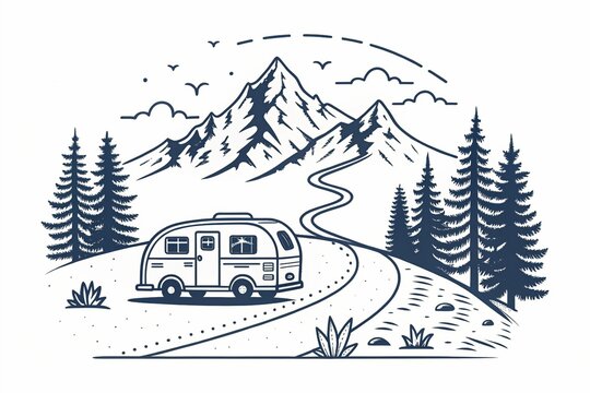 Silhouette camper van on mountain travel vintage logo design. Forest camp vacation summertime. Simple line art travel business logo concept.