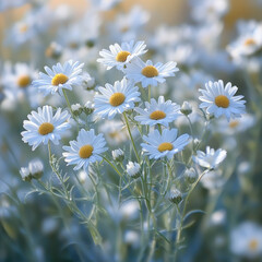 Poster - Beautiful white daisies bloom in vibrant field, showcasing their delicate petals and bright yellow centers. serene atmosphere evokes sense of peace and tranquility