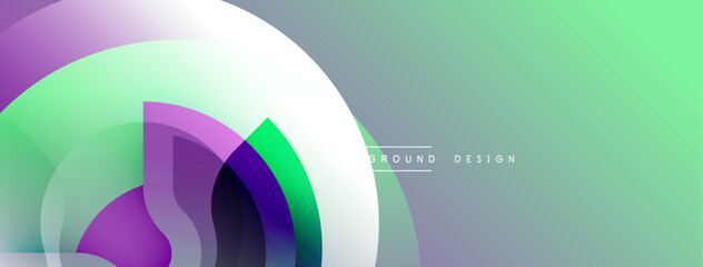 Leinwandbilder - Abstract geometric composition. Overlapping circles create dynamic visual effect. Gradient colorspurple, green, whiteform modern background. Minimalist design suggests innovation, technology.