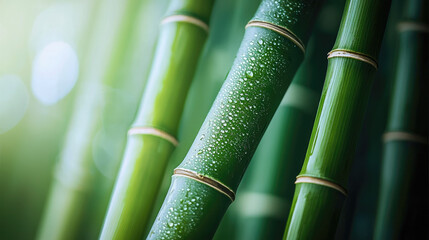 Poster - Close up of green bamboo stalks with water droplets, showcasing their vibrant color and texture, creating refreshing and serene atmosphere