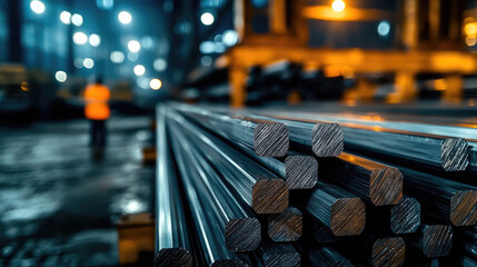 Aufkleber - stack of metal rods is prominently displayed in dimly lit industrial setting, showcasing their shiny surfaces and hexagonal shapes. background features blurred lights, creating vibrant atmosphere