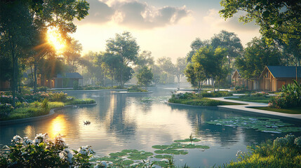 Poster - serene landscape featuring tranquil river surrounded by lush greenery and blooming flowers. sun sets behind trees, casting warm glow over charming cabins along water edge, creating peaceful