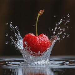 Poster - vibrant cherry splashes into water, creating dynamic droplets and ripples. vivid red color contrasts beautifully with clear water, evoking sense of freshness and vitality