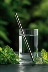 Poster - refreshing glass of water with metal straw, surrounded by fresh mint leaves, evokes sense of tranquility and nature. vibrant green background enhances natural feel of scene