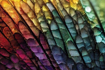 Aufkleber - Close-up of Vibrant Butterfly Wing Pattern Displaying Intricate Iridescent Scales in a Spectrum of Colors