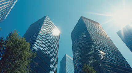 Aufkleber - Modern skyscrapers rise against clear blue sky, reflecting sunlight and showcasing their glass facades. vibrant scene captures essence of urban architecture and innovation