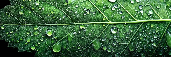 Aufkleber - Detailed View of a Green Leaf Showcasing Intricate Veins and Glistening Morning Dew in a Natural Setting