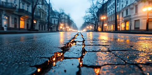 Poster - city center street at dusk, showcasing wet pavement reflecting streetlights, with trees lining road. atmosphere is calm and serene, evoking sense of tranquility