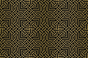 Poster - Ornate geometric labyrinth of gold lines intertwining over a dark abyss