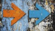 © Nata - Blue and Orange Arrows Pointing in Opposite Directions on a Weathered Wall. AI Generated