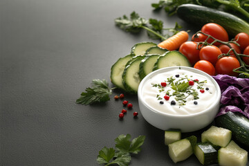 Poster - Fresh vegetables including cucumbers, tomatoes, and carrots are beautifully arranged around bowl of creamy yogurt dip, garnished with herbs and spices, creating vibrant and healthy snack
