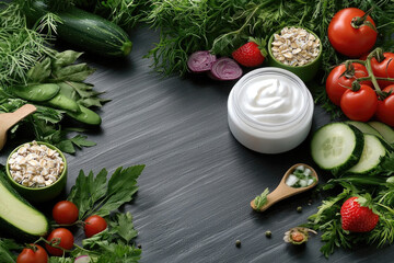 Poster - Fresh vegetables and herbs surround jar of cream, creating vibrant and healthy composition. arrangement includes cucumbers, tomatoes, and oats, evoking sense of natural beauty and wellness