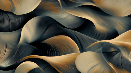 Fototapete - Abstract wavy background design with soft blue, dark gray and rusty orange metallic sheets create a modern textured, luxurious abstract pattern blending matte black shimmering gold and white element.