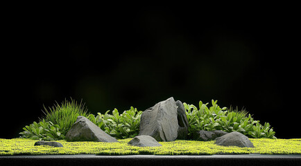 Poster - serene isolated landscape featuring lush green grass, small plants, and scattered rocks, creating tranquil and natural atmosphere. This composition evokes sense of peace and harmony
