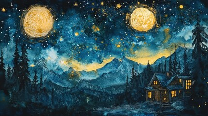 Wall Mural - starry night watercolor style